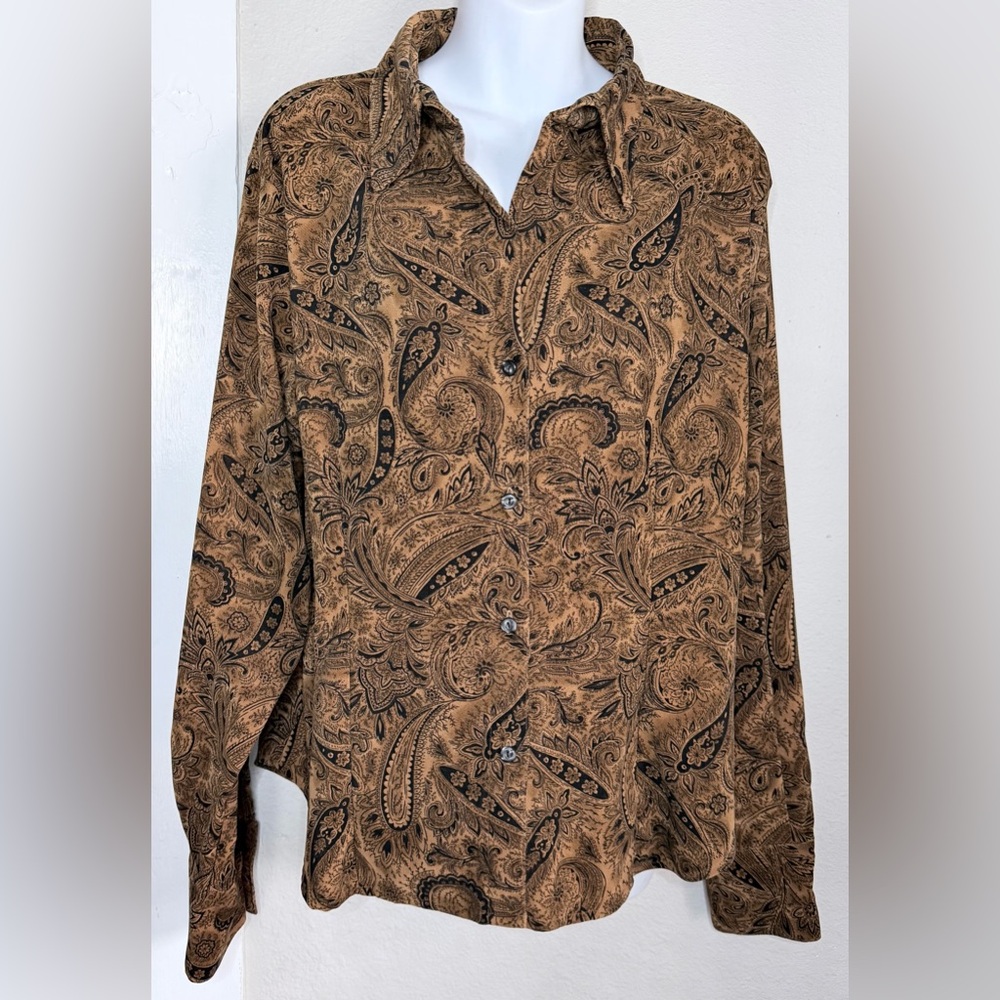 New York & Co brown black paisley Long Sleeve Stretch button shirt women XL